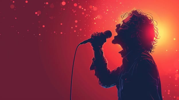 A rock singer sings on stage with a microphone. A singer with a microphone highlighted on a red background.