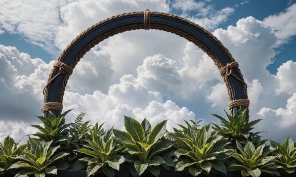 A decorative archway made of blue wood wrapped in rope is framed by green foliage. Behind the archway, a clear blue sky dotted with puffy, white clouds is visible.
