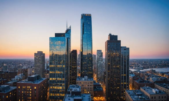 Tall skyscrapers stand tall against a bright blue sky, with a hint of pink from the setting sun. The city below is a maze of smaller buildings.