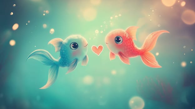 Dreamlike pastel illustration featuring two adorable, colorful fish swimming towards a central heart in an underwater setting. soft lighting, gentle bubbles, and a serene atmosphere make it ideal for design and decoration.