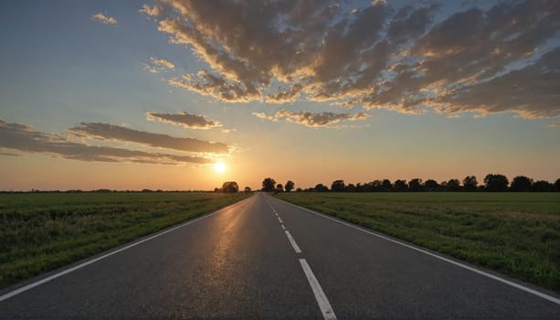 A long, paved road leads through a grassy field towards a bright sunset. The sky is filled with fluffy clouds and the sun is low on the horizon.