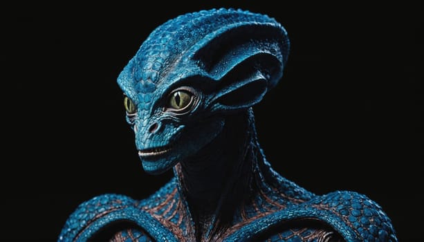 A close-up portrait of a blue alien with large, wide eyes, with a black background. The alien has reptilian features and appears to be looking directly at the viewer.