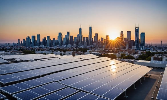 A field of solar panels is positioned on a rooftop overlooking a city skyline as the sun rises.