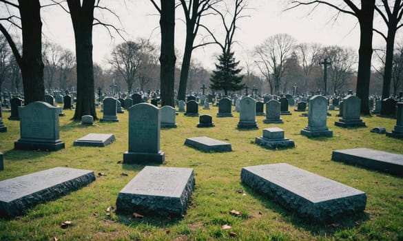 A cemetery with many headstones, some upright and some flat. The headstones are arranged in rows across a green lawn. There are trees in the background with no leaves on them.