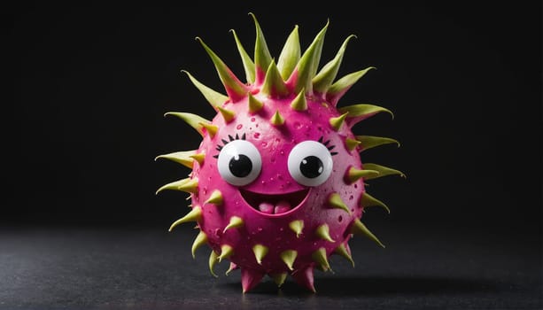 A pink dragon fruit with googly eyes and a smiling mouth is on a black surface. The fruit has green spiky edges, and it is wet.