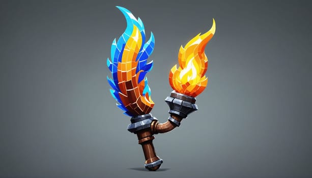 A torch with a blue and orange flame design. The base of the torch is metallic, with the blue flame extending outwards and the orange flame curving inward.