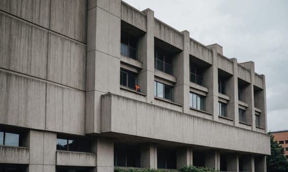 A large, multi-story concrete building with numerous windows and a wide balcony.