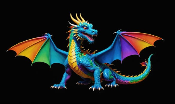 A blue, yellow, and green dragon with rainbow wings is standing on a black background with its wings spread wide. The dragon has a sharp, toothy mouth, bright red eyes, and a long, spiky tail.