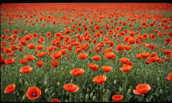 A field of red poppies, with their bright red petals and green stems, bloom in a field of green grass. The sun shines brightly on the flowers, making them appear even more vibrant.