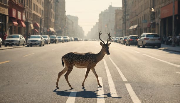 A deer walks across a city street with parked cars on either side. The deer is in the middle of the street, walking towards the camera. The street is empty of other cars.