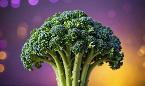 A single floret of broccoli is shown against a blurred background with purple and orange hues.