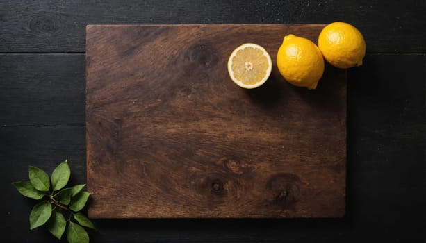 A wooden cutting board rests on a black surface. Three lemons are arranged on the cutting board. The lemons are yellow and appear fresh.