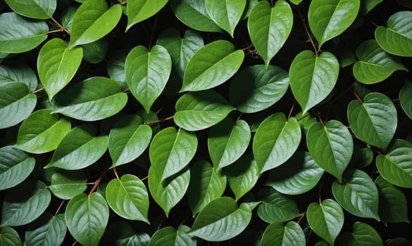 Green leaves cover the frame in a close-up view. The leaves are arranged in a natural pattern, with some overlapping others. The lighting is bright, highlighting the texture of the leaves.