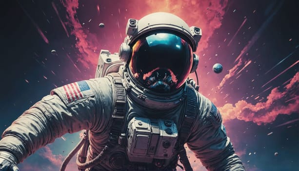 A close-up of an astronaut in a white spacesuit, wearing a helmet with a dark visor. They are floating in space with their arm outstretched, with a pink nebula behind them.