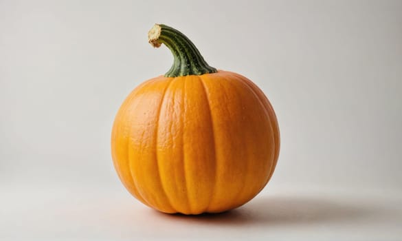 A single, orange pumpkin with a green stem sits on a white surface. The pumpkin is round and has a smooth, shiny texture.