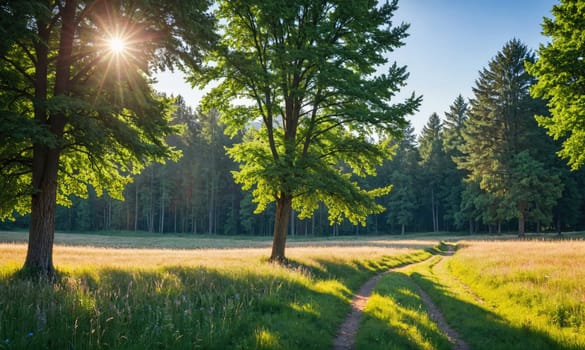 A dirt path extends through a field of grass, leading into a forest of tall trees. The sun shines brightly, casting long shadows on the ground and illuminating the leaves of the trees.