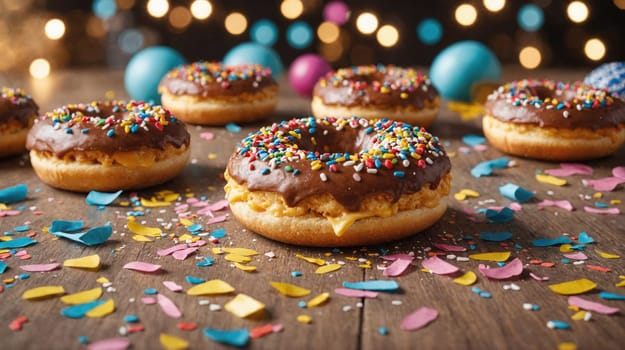 A close-up of chocolate-frosted donuts with colorful sprinkles on a wood table. The donuts are scattered across the table with confetti in blue, yellow, and pink.