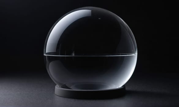 A glass dome sits on a dark surface. The dome is half filled with water, creating a clear line across the middle of the sphere.