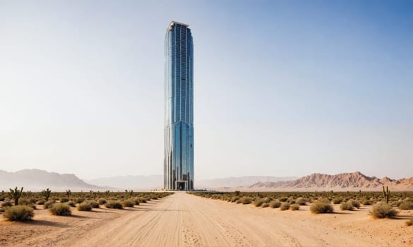 A tall skyscraper with a glass facade is seen from a distance in the desert. The building is the focal point of the image.