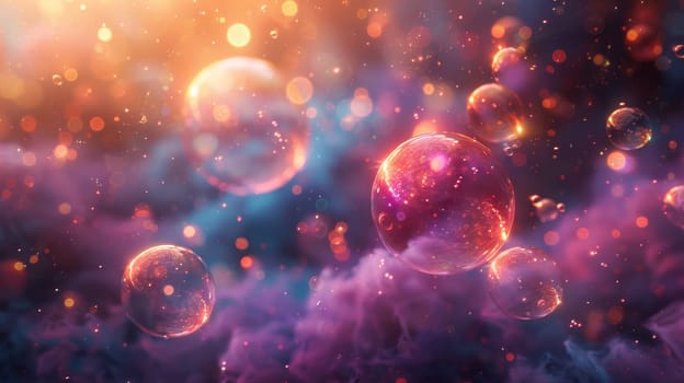 soap bubbles on a dark background. Mesmerizing balloons filled with night air with shimmering surface.