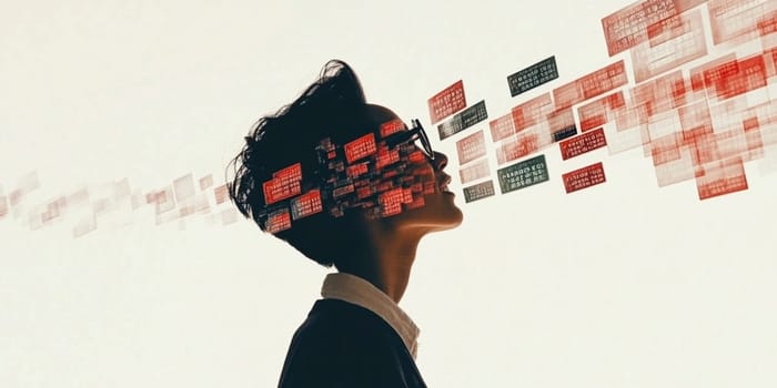 Businesswoman is looking up with data analysis charts superimposed over her face and flowing towards her, representing artificial intelligence