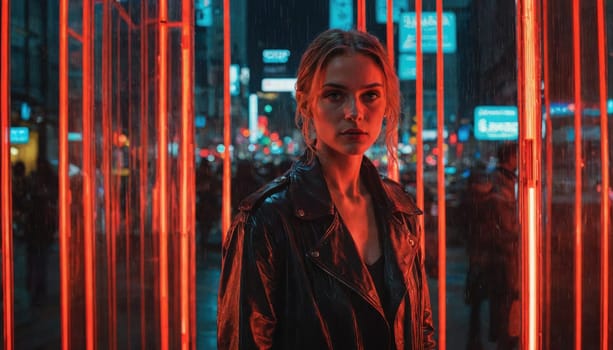 A woman with light brown hair is wearing a black leather jacket and standing in a city street. She is looking at the camera with a serious expression.