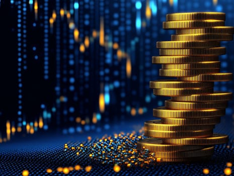 Golden coins stacked on a digital, futuristic background, representing concepts of cryptocurrency, digital finance, and wealth in a modern, tech-driven economy.