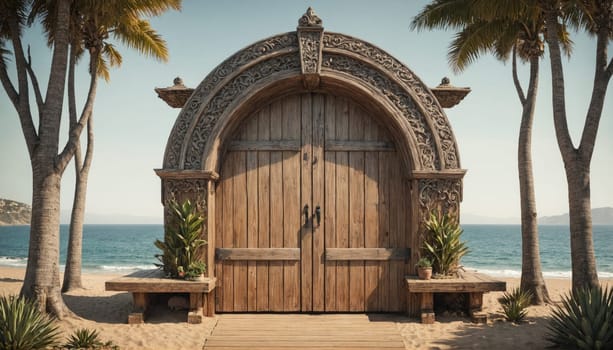 A wide, ornate wooden door with a carved archway is set against a beach scene. The door is open, revealing a view of the ocean and sand beyond.