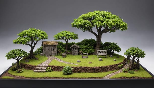 A miniature garden with a small house and multiple trees, including a large, central tree, and a stone path leading to the house. There is also a bench in the foreground.