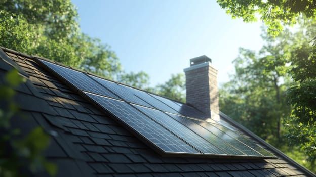 A mansard roof with an array of solar panels in a lush, sunlit setting. sustainable architecture, the scene eco-friendly energy solutions integrated into modern home design.