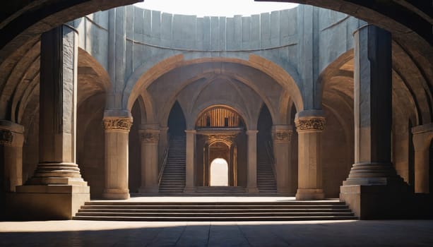 A view from inside a grand hall with stone arches and columns. The hallway is lined with columns and leads to a set of stairs and a bright doorway in the distance.