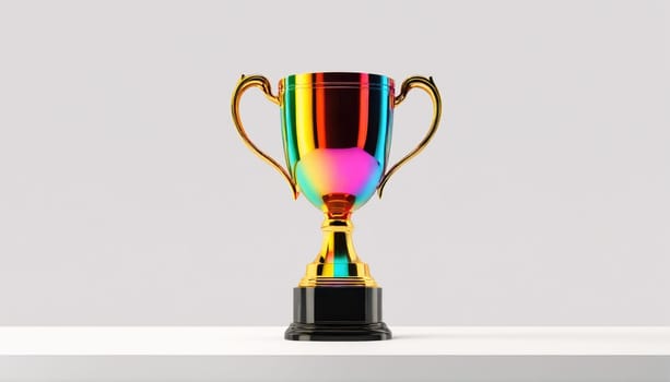A trophy with gold handles and a black base sits on a white surface. The trophy is made of gold and has a rainbow iridescent finish.