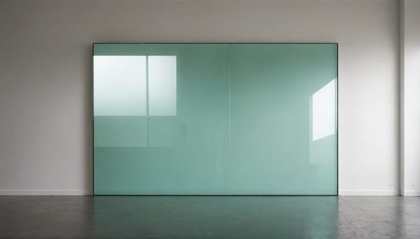 A large, light green glass panel is installed on a white wall in a minimalist room. The panel has a black frame, and the floor is made of concrete.