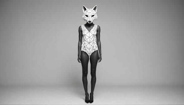 A woman with a fox mask poses in a white bodysuit with a geometric print. The bodysuit is made of a thin, stretchy material and has a low neckline and a high leg cut.
