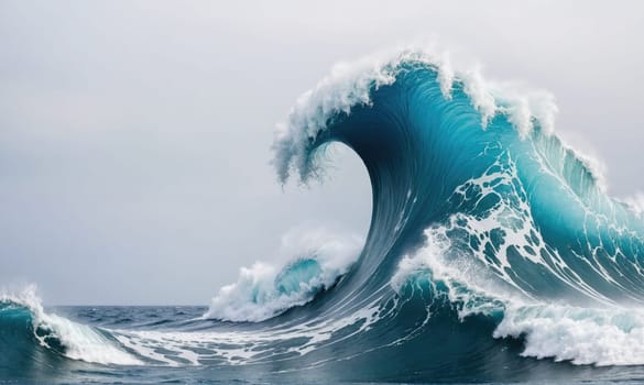 A large wave breaks in the ocean, creating a large amount of white foam. The sky is overcast with a grey hue.