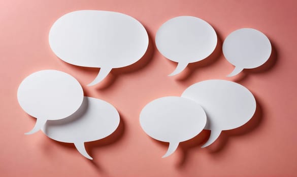 Several white speech bubbles are arranged on a pink background.