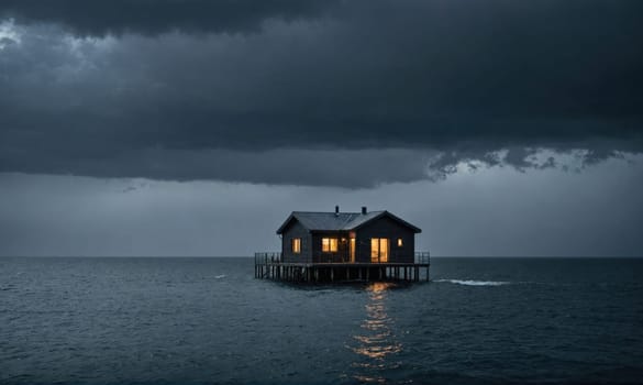 A small wooden house with windows emitting a warm yellow light sits on a pier in the middle of a dark, calm body of water, with a large dark cloud looming above.