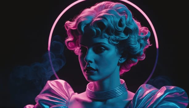 A woman is in a studio with pink and blue neon lights. She has curly blue hair, is wearing a sparkly, pink dress, and is standing in front of a pink neon circle. There is blue smoke in the background.