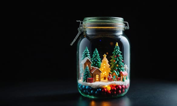 A glass jar with a metal lid contains a miniature winter village. The village includes small houses, snow-covered trees, and a lit-up Christmas tree.