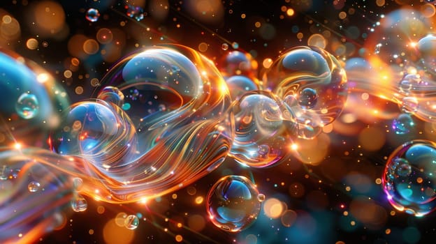 colorful soap bubbles in neon lighting. Mesmerizing balloons filled with night air, with an iridescent surface.