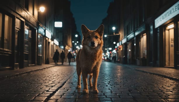 A brown dog stands in the middle of a cobblestone street at night. There are buildings on either side of the street with lights on and people walking in the distance.