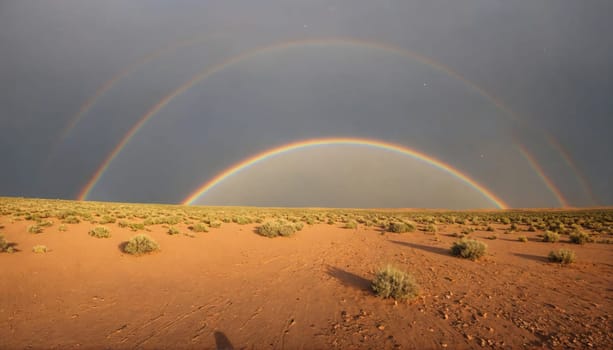 Two rainbows, one inside the other, appear in the sky over a barren desert. Scattered shrubs grow in the red sand.