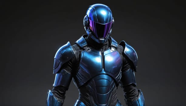 A person wearing a metallic blue suit and helmet stands against a gray backdrop. The suit has many small, intricate details, and the helmet has a clear visor that covers the face.