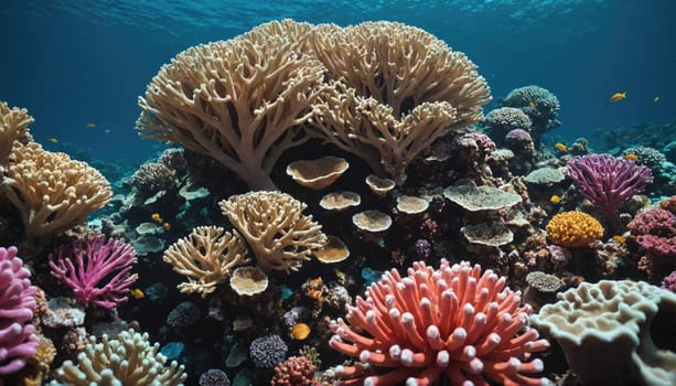 A colorful underwater scene with a variety of coral species, including branching, plate, and soft corals. There are also small fish swimming through the reef.
