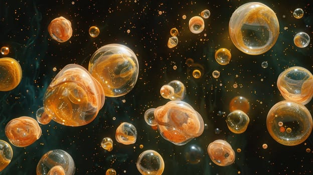 Colored soap bubbles on a black background. Mesmerizing balloons filled with night air, with an iridescent surface.