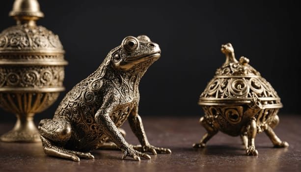 Two ornate golden containers and a golden frog figurine are arranged on a dark table. One container is round with a round lid, while the other container has a domed lid and is supported by three legs.