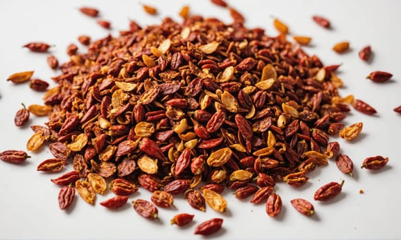 Dried red pepper flakes are scattered on a white surface. The flakes are a deep red color and have a slightly oily sheen. Some flakes are whole, while others are broken into smaller pieces.