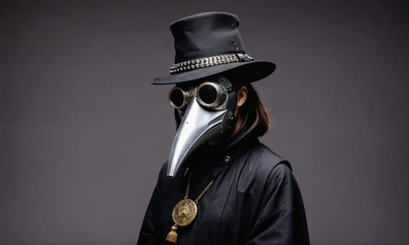 A person wearing a black top hat and a plague doctor mask stands in front of a grey backdrop.