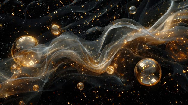 Colored soap bubbles on a black background. Mesmerizing balloons filled with night air, with an iridescent surface.