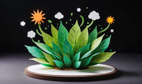 A paper craft of a green bush with two orange suns and white clouds. The bush is on a round, white base with a brown border. The background is black.